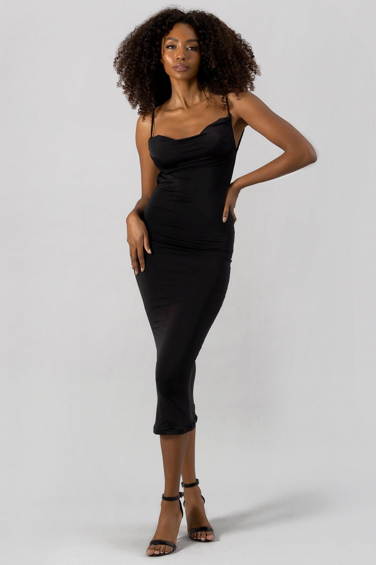 SOFIA BLACK OPEN BACK MIDI DRESS | Vada Online